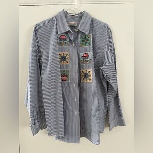Talbots Blue White Striped Embroidered Button Down Shirt Cottagecore